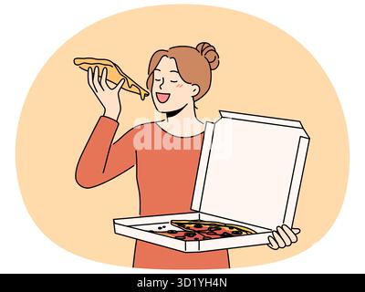 Happy woman with cardboard delivery box eating tasty pizza. Smiling girl enjoy Italian fastfood from restaurant delivery. Vector illustration. Stock Photo