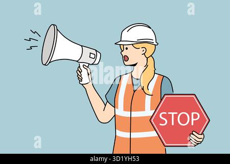 Female architect in helmet hold megaphone and stop sign regulate traffic on road. Woman builder screaming on construction site. Vector illustration. Stock Photo