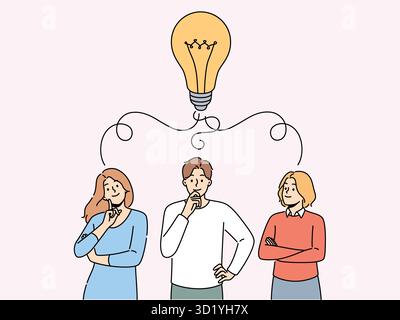 Pensive team with huge lightbulb above head brainstorm generate creative business idea together. Thoughtful businesspeople think develop strategy. Vec Stock Photo
