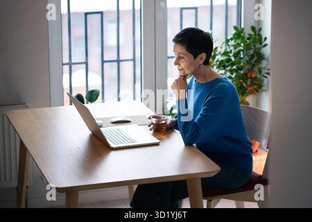 Content interested mature woman working on laptop, sipping tea and watching screen. Reading articles Stock Photo