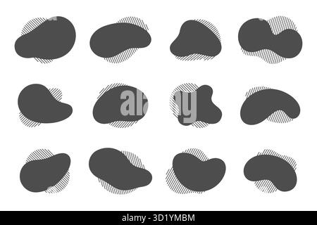 Abstract black liquid shapes overlay striped patterns. Flat dynamic fluid forms with linear textures. Modern minimalist figures flowing contours, vary sizes patterns creating visual rhythm on white Stock Vector
