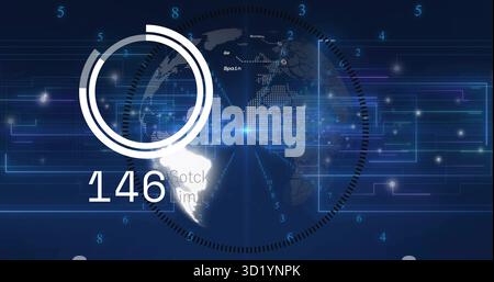 Displaying digital globe with ring overlay showing 146 at dashboard, with glowing circuit pathways Stock Photo