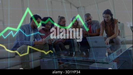 Analyzing data, six professionals using digital devices on sofa in office lounge, with neon graphs Stock Photo