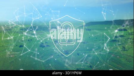 Hovering white digital shield icon securing rolling green fields under network nodes, lines overlay Stock Photo