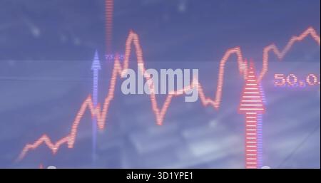 Displaying line chart at trading screen with purple, red-striped arrows marking 73 Stock Photo