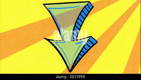 Displaying stylized downward arrow over yellow canvas with blue hatch sides and orange beams Stock Photo