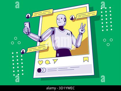 Friendly AI robot taking a selfie while interacting on social media platform with speech bubbles. Technology concept Stock Vector