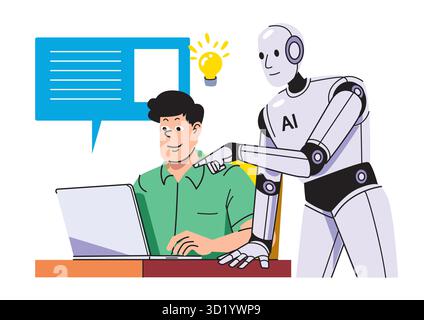 An AI robot assisting a man at a laptop, highlighting a moment of inspiration with a light bulb symbolizing creativity and collaboration. Stock Vector