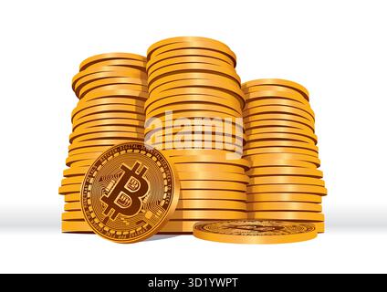 A large stack of Bitcoin coins with a prominent coin in the foreground emphasizing the value and significance of cryptocurrency in modern finance. Stock Vector