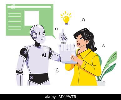 An enthusiastic woman engaging with a helpful AI robot while brainstorming ideas using a tablet in a bright and modern setting. Stock Vector