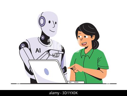 A curious woman engaging with an AI robot as they explore a laptop together in a friendly and collaborative setting. Stock Vector