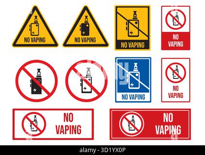 Variety of No Vaping signs in different styles emphasizing the prohibition of vaping in public and private areas for health safety. Stock Vector