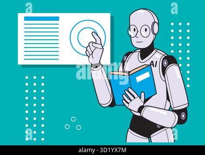 An AI robot holding a book and pointing thoughtfully, demonstrating a focus on learning and knowledge in a vibrant environment. Stock Vector