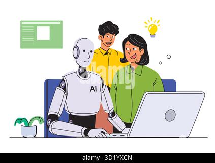 A smiling AI robot collaborating with a woman and a young man at a laptop, fostering creativity and innovative ideas in a bright setting. Stock Vector