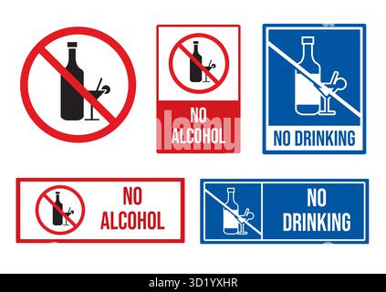 Variety of signs prohibiting alcohol consumption, including "No Alcohol" and "No Drinking," emphasizing safety and health awareness. Stock Vector