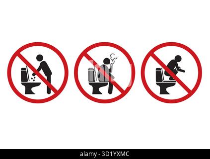 Set of No Activity signs featuring prohibited actions in restrooms to maintain cleanliness and hygiene standards in public facilities. Stock Vector