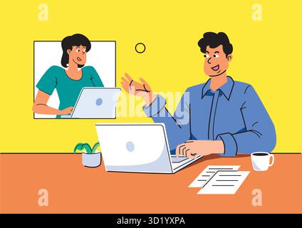 Engaging virtual meeting between colleagues with one presenting ideas while the other listens attentively Stock Vector