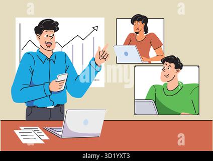 Business team engaging in a virtual meeting with a presenter highlighting growth trends using charts and technology for effective communication. Stock Vector