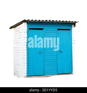 Bright blue wooden double doors on small white brick shed with corrugated metal roof. Stock Photo