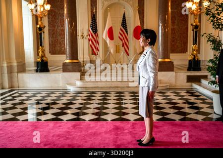 President Donald Trump is greeted by Japanese Prime Minister Sanae Takaichi at Akasaka Palace, Tuesday, October 28, 2025, in Tokyo, Japan. (Official White House Photo by Daniel Torok) Stock Photo