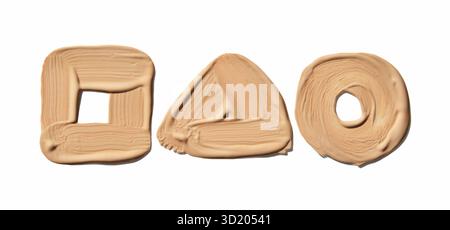 Beige makeup smudges forming square triangle and circle shapes on white Stock Photo
