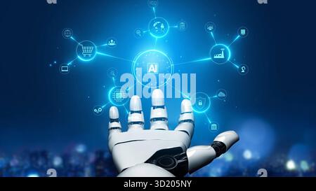 AI powers intelligent networks by linking data, enhancing real-time analytics, securing communication, and improving system efficiency and automation. Stock Photo