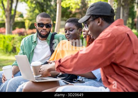 African American multiracial students researching on laptop, discuss project, digital nomad in park Stock Photo