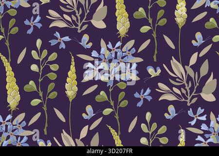 Vector floral seamless pattern with blue flowers and butterflies Stock Vector