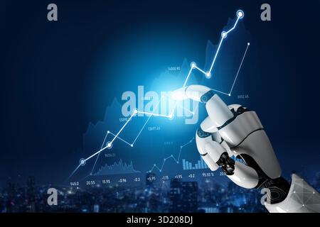 A futuristic robot hand interacts with a digital data chart in a vibrant city backdrop, symbolizing the intersection of technology and financial growt Stock Photo
