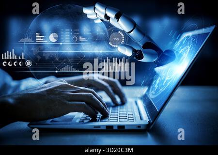 A captivating image depicts a robotic hand reaching towards a laptop screen filled with data analytics, symbolizing the intersection of technology and Stock Photo