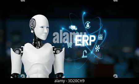 A futuristic robot standing in a modern office environment symbolizes the integration of advanced artificial intelligence with enterprise resource pla Stock Photo
