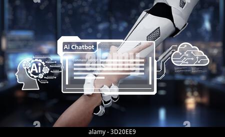 A striking image illustrating a human hand reaching towards a robotic arm, symbolizing the integration of AI chatbots in digital environments and show Stock Photo