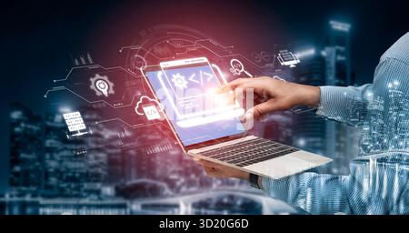 Modern web development concept featuring coding symbols, web development process, web development interface, and web development tools with futuristic Stock Photo