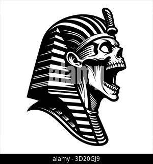 Pharaoh Skull with Nemes Headdress Vector Illustration featuring an ancient Egyptian theme with bold, detailed line art. Ideal for tattoo designs Stock Vector