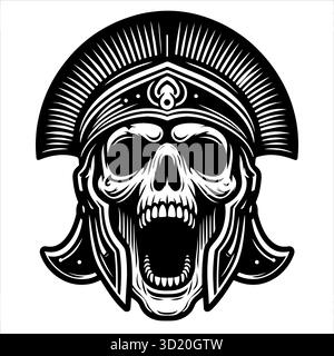 Screaming Roman Gladiator Skull Vector Illustration featuring a fierce skull wearing a traditional Roman helmet. Stock Vector