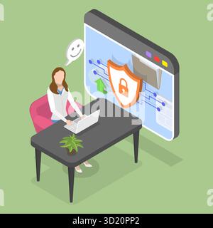 3D Isometric Flat  Illustration of Cybersecurity Online, Prevention of Hacking, Antivirus Stock Photo