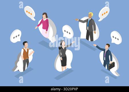3D Isometric Flat  Illustration of Business Discussion, Coworkers Engaging in Dialog and Group Discussion Stock Photo