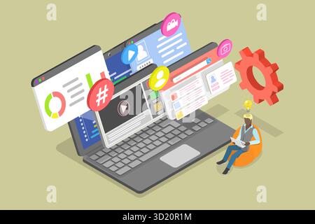 3D Isometric Flat  Illustration of Web Developer, Programming and Coding Stock Photo
