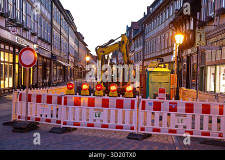 Construction site in the pedestrian zone in the early morning, Old Town, Wernigerode, Harz, Saxony-Anhalt, Germany, Europe Stock Photo