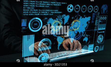 A professional hands-on digital keyboard interact with advanced data analytics interface displaying compelling graphs, statistics, and a world map for Stock Photo