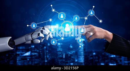 A vivid representation of the collaboration between human and robot, symbolizing digital connection within a futuristic environment, showcasing innova Stock Photo