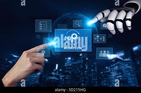AI streamlines business workflows by automating repetitive tasks, enhancing team coordination, and optimizing structured processes for greater operati Stock Photo