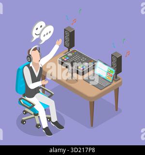 3D Isometric Flat  Illustration of Live Broadcast , Man in Headphones Smiling as he Talks on the Radio with Microphone Interacting with Listeners Stock Photo