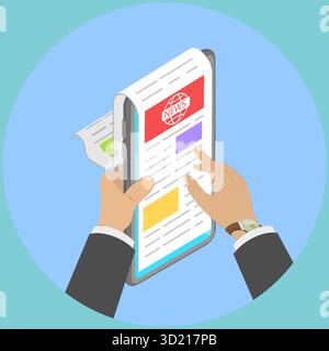 3D Isometric Flat  Illustration of Online News, Reading the Newspaper on a Tablet PC or Smartphone Stock Photo