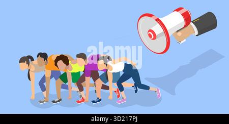 3D Isometric Flat  Illustration of Ready To Sprint Run A Marathon , Rivalry Between Colleagues Stock Photo