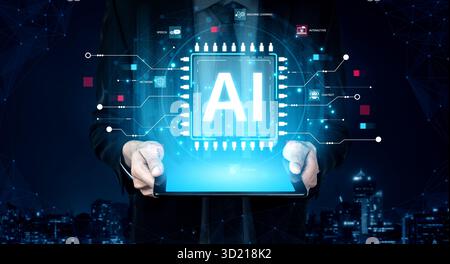 A technical diagram illustrating the core capabilities of Artificial Intelligence. This includes machine learning, robotics, speech recognition, and i Stock Photo