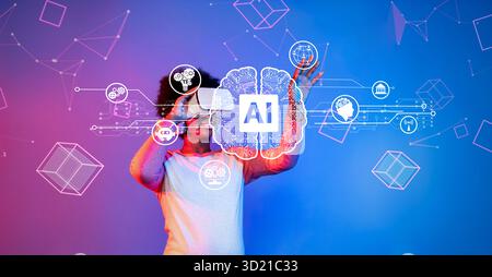A captivating image showcasing a person engaging with virtual reality while surrounded by floating AI symbols, illustrating advanced technology and di Stock Photo