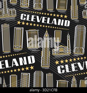 Vector Cleveland Seamless Pattern, square background with outline illustration of dusk cleveland city scape on dark backdrop for bed linen, decorative Stock Vector