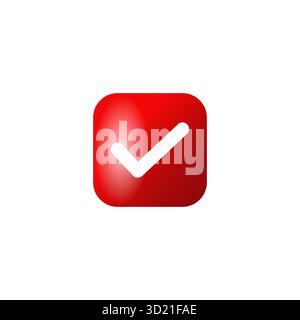 Red glossy square button vector with white tick check mark isolated on white perfect for approval verification icon illustration or digital design Stock Vector