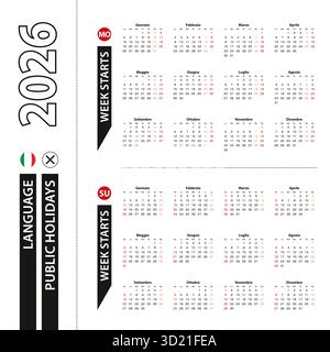 Two versions of 2026 calendar in Italian, week starts from Monday and week starts from Sunday. Vector template. Stock Vector